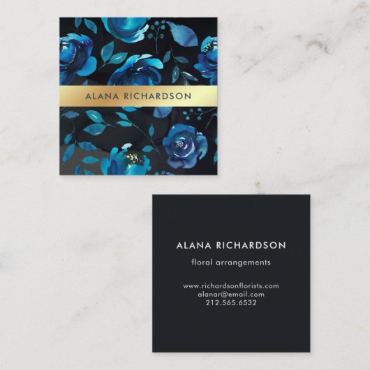 フェイクな金ゴールドの一見を用いる藍色の花柄 スクエア名刺 (正面/裏面)