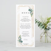 フェイクな金ゴールドの幾何学的な緑の草木の結婚式メニューカード メニュー (スタンド正面)