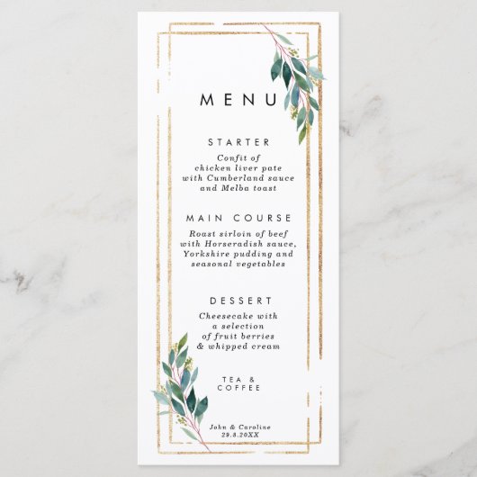 フェイクな金ゴールドの幾何学的な緑の草木の結婚式メニューカード メニュー (正面)