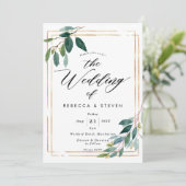 フェイクな金ゴールドの幾何学的な緑の草木の結婚式招待状 招待状 (スタンド正面)
