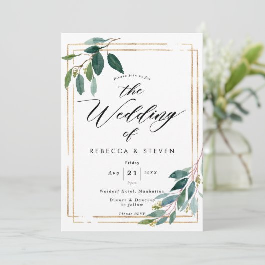 フェイクな金ゴールドの幾何学的な緑の草木の結婚式招待状 招待状 (スタンド正面)
