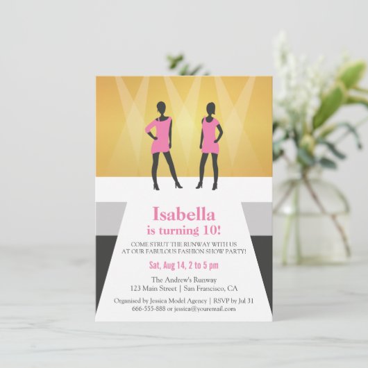 フェイクな金ゴールドの走路のファッション・ショーの誕生会 招待状 (スタンド正面)
