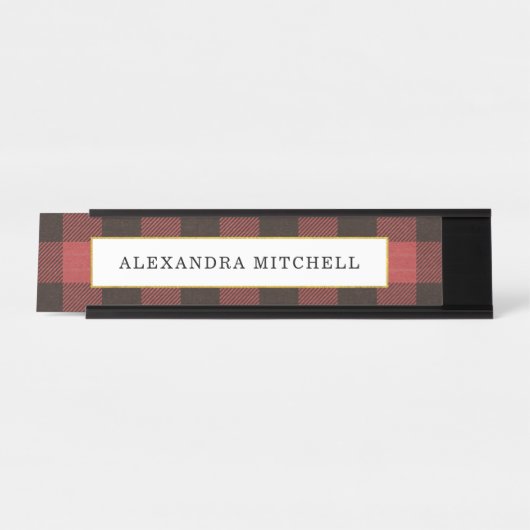 フェイクな金ゴールドフレームが付いている赤くおよび黒いバッファローの格子縞 デスクネームプレート (正面)
