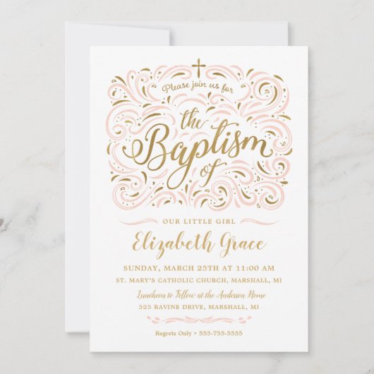 フェイクな金ゴールドホイルの女の子の洗礼の招待状 招待状 (正面)