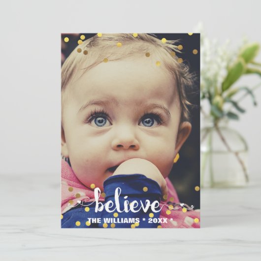 フェイクな金ゴールドホイルの紙吹雪の休日の写真を信じて下さい シーズンカード (スタンド正面)