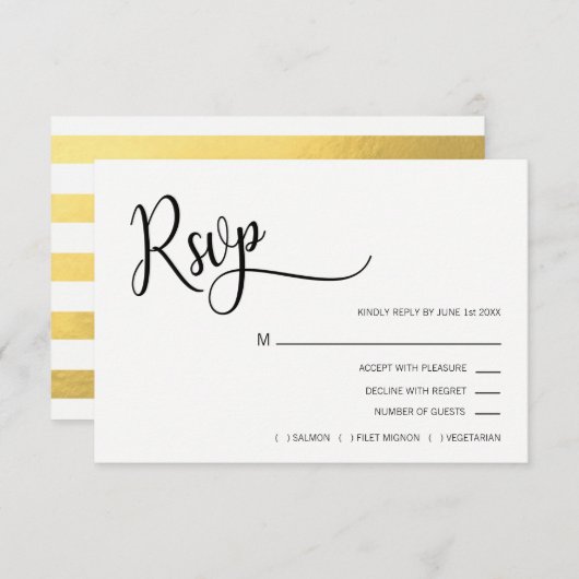 フェイクな金ゴールドホイルの黒く及び白いRSVPメニュー結婚式 出欠カード (正面/裏面)