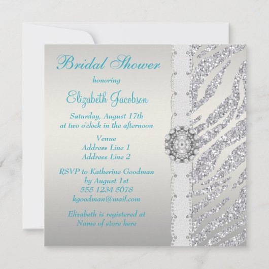 フェイクな銀製のグリッターのシマウマのストライプなブライダルシャワー 招待状 (裏面)