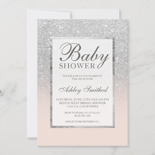 フェイクな銀製のグリッターの赤面のエレガントなベビーシャワー 招待状 (正面)