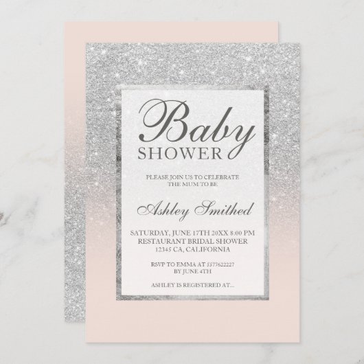 フェイクな銀製のグリッターの赤面のエレガントなベビーシャワー 招待状 (正面/裏面)