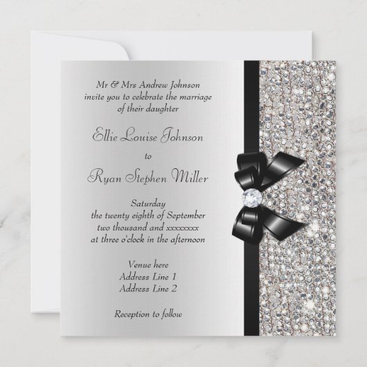 フェイクな銀製のスパンコールのダイヤモンドの黒の弓結婚式 招待状 (裏面)