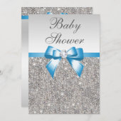 フェイクな銀製のスパンコールの青色児のシャワー 招待状 (正面/裏面)
