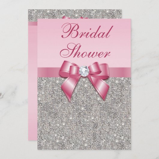 フェイクな銀製の宝石のピンクの弓ダイヤモンドのブライダルシャワー 招待状 (正面/裏面)