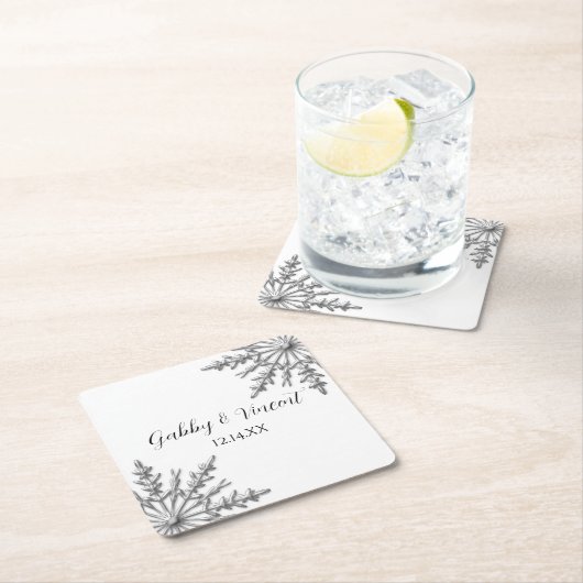 フェイクな銀製の雪片の冬の結婚式 スクエアペーパーコースター (インサイチュ)