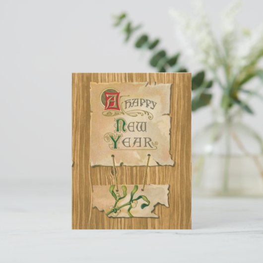 フェイクなboisの明けましておめでとうの羊皮紙及びヤドリギ シーズンポストカード (スタンド正面)