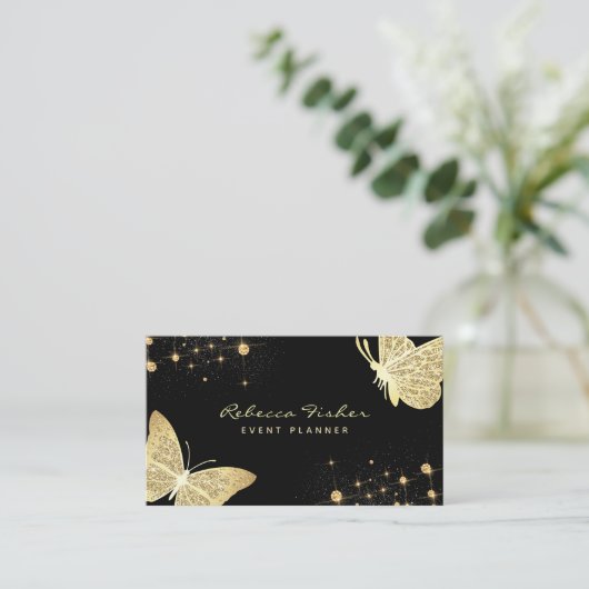 フェイクアイボリー淡い色の金ゴールドバタフライスパークル 名刺 (スタンド正面)