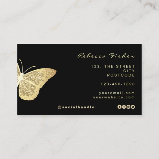 フェイクアイボリー淡い色の金ゴールドバタフライスパークル 名刺 (裏面)