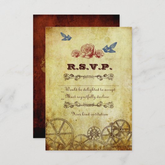 フェイクアンティーク金ゴールドビクトリアンステームパ結婚ンク 出欠カード (正面/裏面)