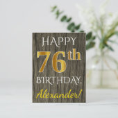 フェイクウッドとゴールド調の76歳の誕生日 + 名前入り ポストカード (スタンド正面)