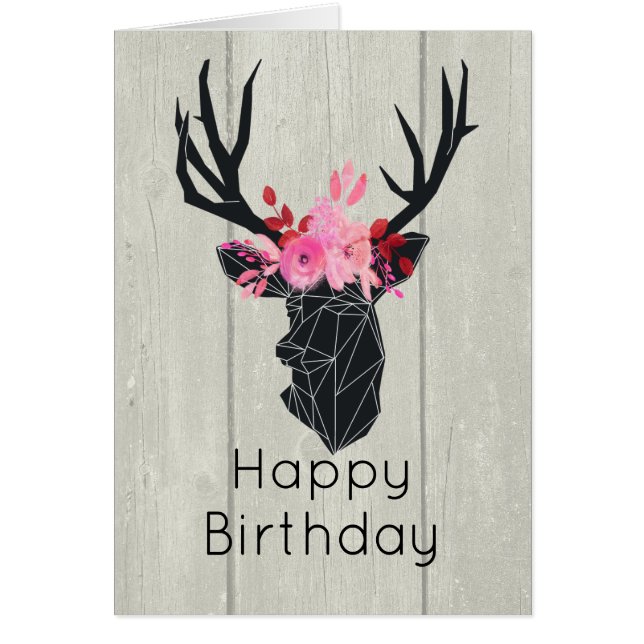 フェイクウッドのフローラクラウン付きジオメトリックディアヘッド (正面)