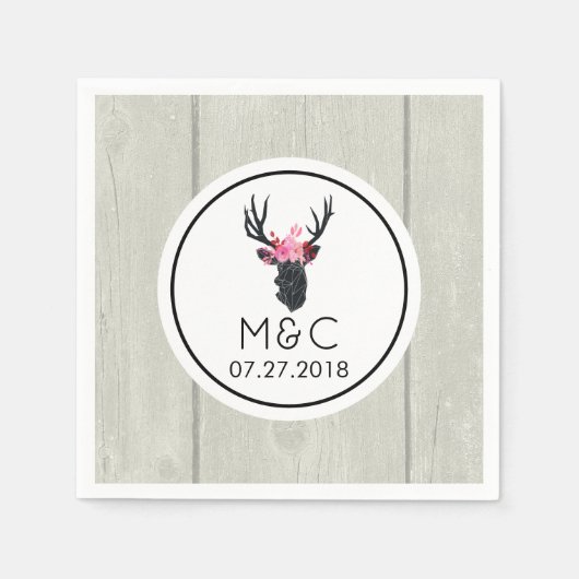 フェイクウッドのフローラクラウン付きジオメトリックディアヘッド スタンダードカクテルナプキン (正面)