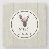 フェイクウッドのフローラクラウン付きジオメトリックディアヘッド ストーンコースター (正面)