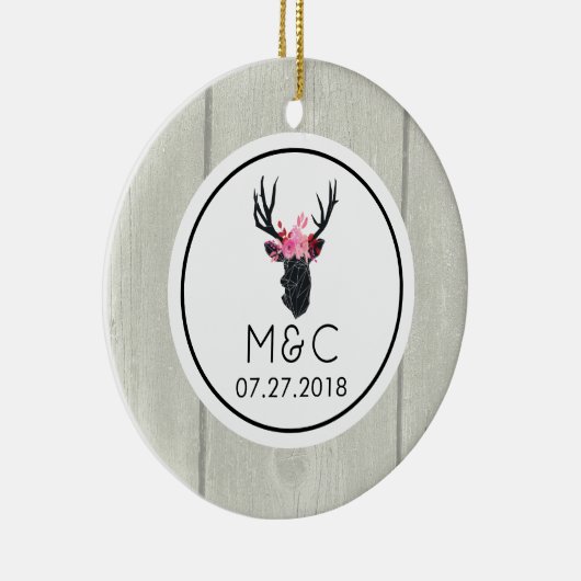 フェイクウッドのフローラクラウン付きジオメトリックディアヘッド セラミックオーナメント (右)