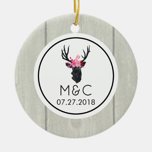 フェイクウッドのフローラクラウン付きジオメトリックディアヘッド セラミックオーナメント (正面)