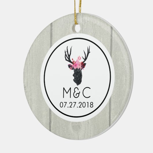 フェイクウッドのフローラクラウン付きジオメトリックディアヘッド セラミックオーナメント (左)