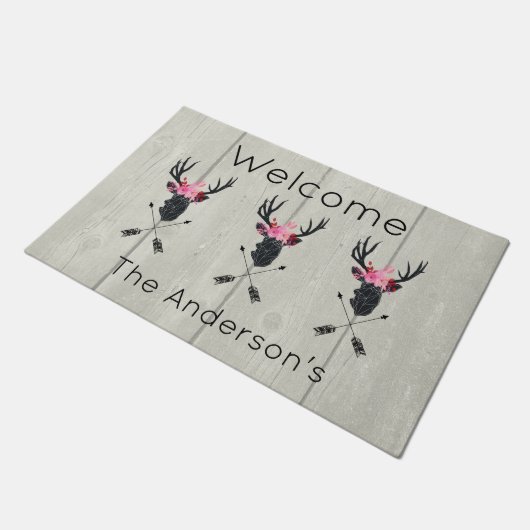 フェイクウッドのフローラクラウン付きジオメトリックディアヘッド ドアマット (アングル)