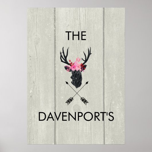 フェイクウッドのフローラクラウン付きジオメトリックディアヘッド ポスター (正面)