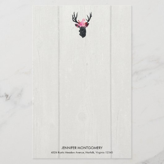 フェイクウッドのフローラクラウン付きジオメトリックディアヘッド 便箋 (正面)