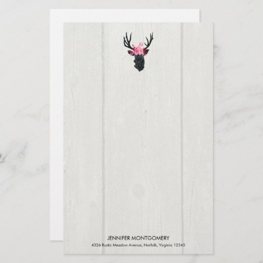 フェイクウッドのフローラクラウン付きジオメトリックディアヘッド 便箋 (正面/裏面)