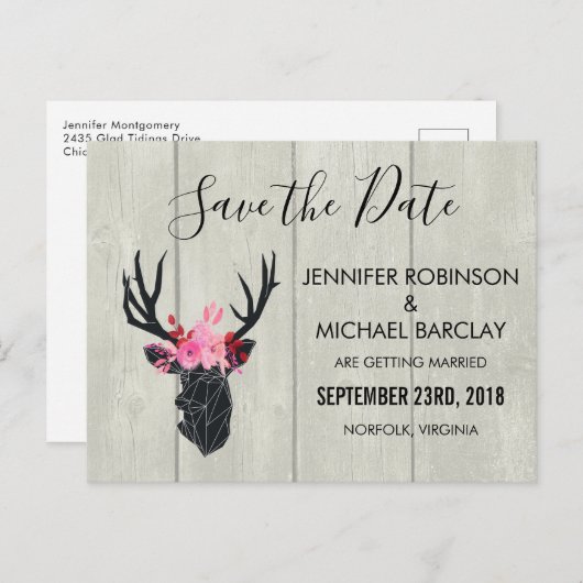 フェイクウッドのフローラクラウン付きジオメトリックディアヘッド 案内ポストカード (正面/裏面)