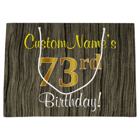 フェイクウッド調 73歳の誕生日 + 名前 ラージペーパーバッグ (正面)