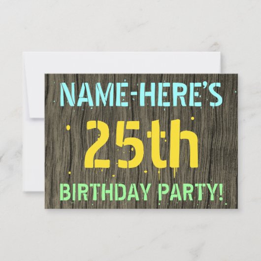 フェイクウッド ペイント風テキスト 名前入り 25歳の誕生日 招待状 (正面)