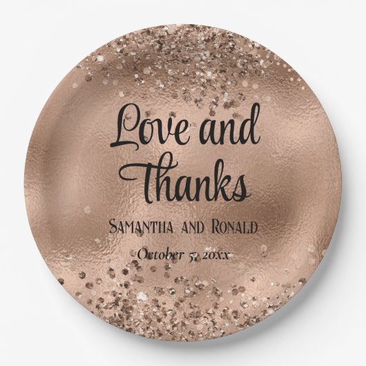フェイクエレガントバラ金ゴールドグリッター及びホイル結婚ス ペーパープレート (正面)