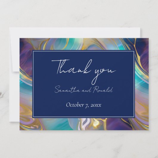 フェイクエレガント金ゴールドと青いオパール石が渦巻いた サンキューカード (正面)