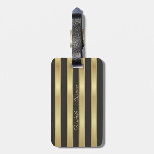 フェイクエレガント金ゴールドキラキラ猫オン金ゴールドストライプ ラゲッジタグ (裏面縦)
