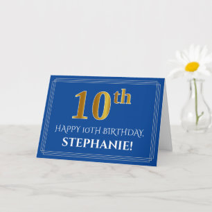 フェイクエレガント金ゴールドルック10番目の誕生日、名前(青) カード