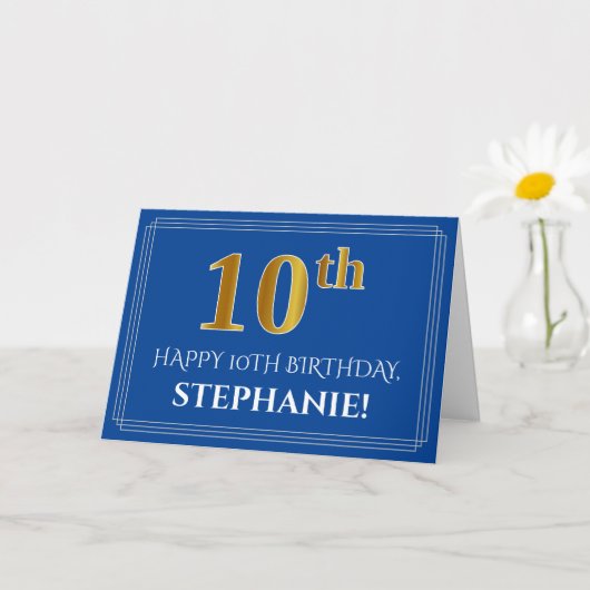 フェイクエレガント金ゴールドルック10番目の誕生日、名前（青） カード (小さな植物)