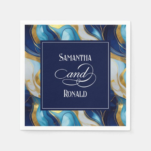 フェイクエレガント金ゴールド・ブルー・ホワイト・マーリー結婚ズ スタンダードカクテルナプキン (正面)