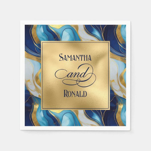 フェイクエレガント金ゴールド・ブルー・ホワイト・マーリー結婚ズ スタンダードカクテルナプキン (正面)