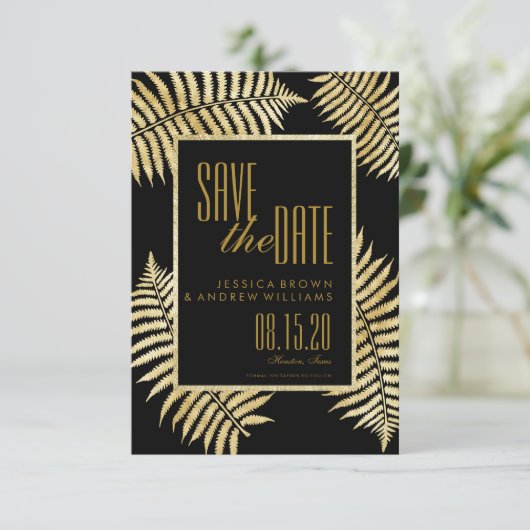 フェイクエレガント金ゴールド・リーフ・ブラッケン保存日 招待状 (スタンド正面)