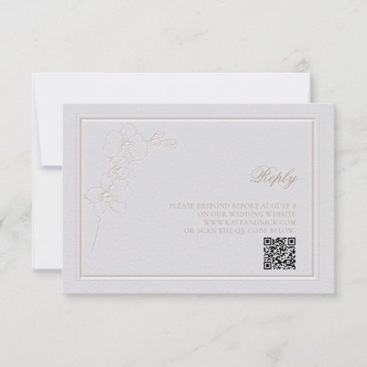 フェイクエンボスオーキッドフレームアイボリーリプライ結婚ズQR 出欠カード (正面)