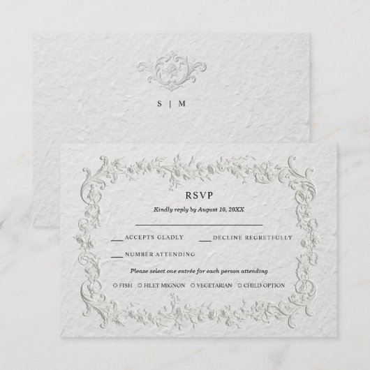 フェイクエンボスフラワーハートの結婚式RSVPカード 出欠カード (正面/裏面)