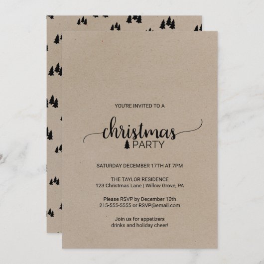 フェイククラフトシンプルカリグラフィークリスマスパーティ 招待状 (正面/裏面)