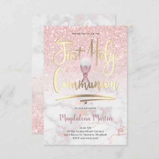 フェイクグリッターオン大理石ファーストホーリーコミュニオン 招待状 (正面/裏面)