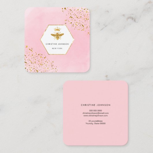 フェイクグリッタークイーンビーのロゴのピンクの水色 スクエア名刺 (正面/裏面)