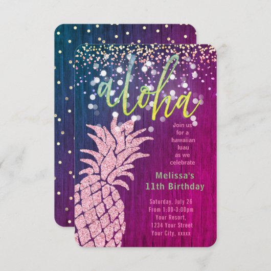 フェイクグリッターピンクのパイナップルの夏の誕生日 招待状 (正面/裏面)