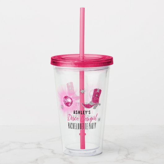フェイクグリッターピンクディスコ女性のカーボーイバチェロレッテ アクリルタンブラー (正面)